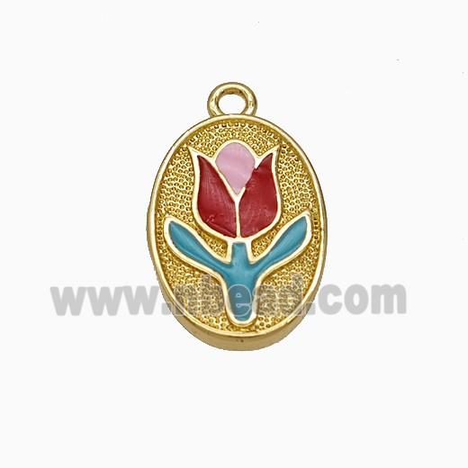 Copper Tulip Pendant Multicolor Enamel Flower Oval Gold Plated