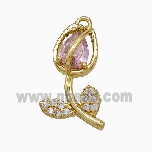 Copper Tulip Pendant Pave Zirconia Crystal Glass Flower Gold Plated
