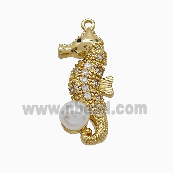 Copper Seahorse Pendant Pave Zirconia Pearlized Resin Gold Plated