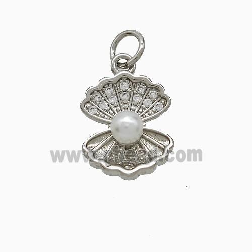 Copper Scallop Shell Pendant Pave Zirconia Pearlized Resin Platinum Plated