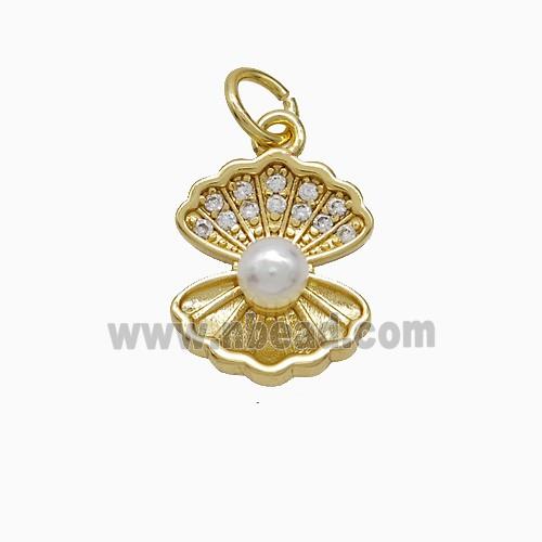 Copper Scallop Shell Pendant Pave Zirconia Pearlized Resin Gold Plated