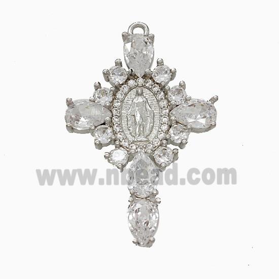 Copper Cross Pendant Pave Crystal Glass Virgin Mary Platinum Plated