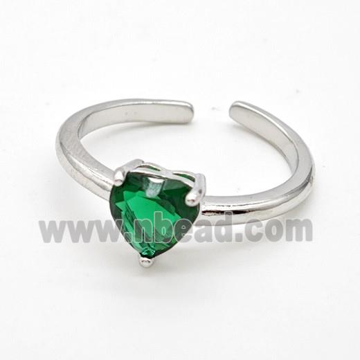 Copper Rings Pave Green Crystal Glass Heart Platinum Plated