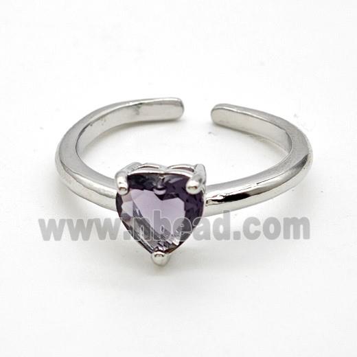 Copper Rings Pave Purple Crystal Glass Heart Platinum Plated