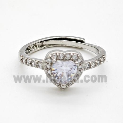 Copper Rings Pave Clear Crystal Glass Heart Adjustable Platinum Plated