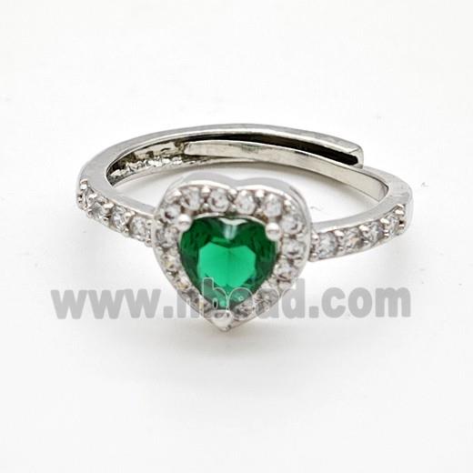 Copper Rings Pave Green Crystal Glass Heart Adjustable Platinum Plated