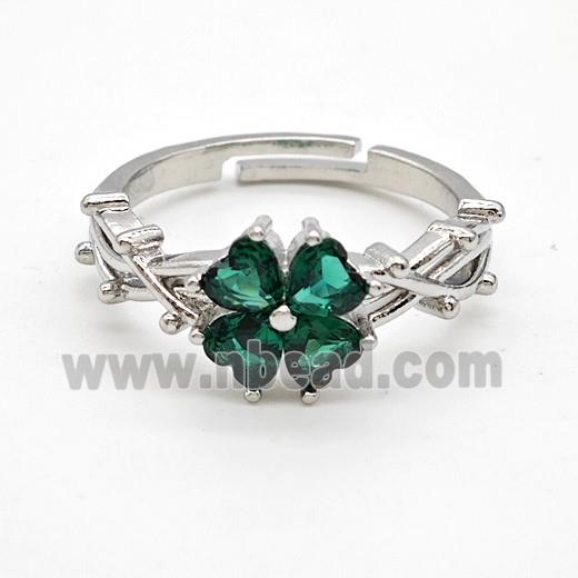Copper Rings Pave Green Crystal Glass Clover Adjustable Platinum Plated