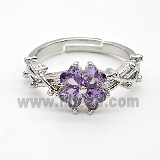 Copper Rings Pave Purple Crystal Glass Clover Adjustable Platinum Plated