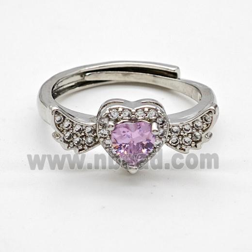 Copper Rings Pave Pink Crystal Glass Heart Angel Wings Adjustable Platinum Plated