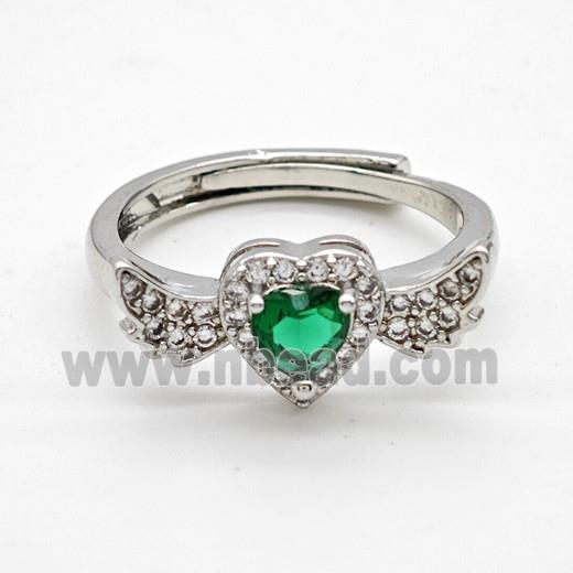 Copper Rings Pave Green Crystal Glass Heart Angel Wings Adjustable Platinum Plated