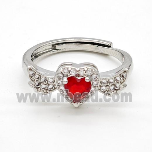 Copper Rings Pave Red Crystal Glass Heart Angel Wings Adjustable Platinum Plated