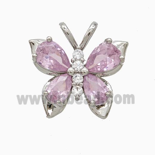 Copper Butterfly Pendant Pave Pink Crystal Glass Platinum Plated