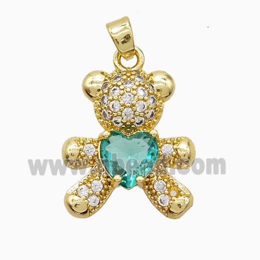 Copper Bear Pendant Pave Zirconia Green Crystal Glass Gold Plated