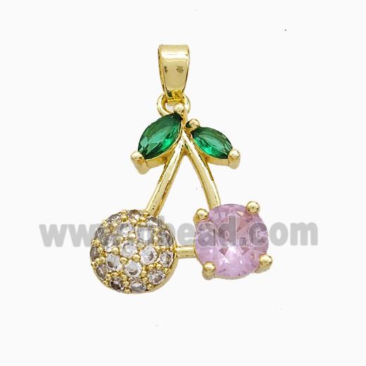 Copper Cherry Pendant Pave Zirconia Pink Crystal Glass Gold Plated