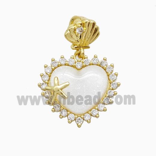 Copper Heart Pendant Pave Zirconia White Resin Gold Plated