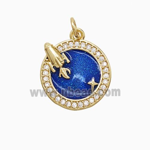 Copper Earth Pendant Pave Zirconia Blue Painted Rocket Gold Plated