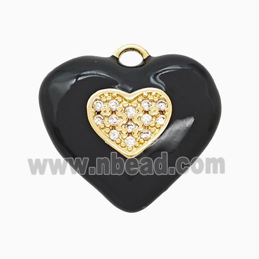 Copper Heart Pendant Pave Zirconia Black Enamel Gold Plated