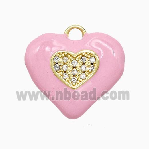 Copper Heart Pendant Pave Zirconia Pink Enamel Gold Plated