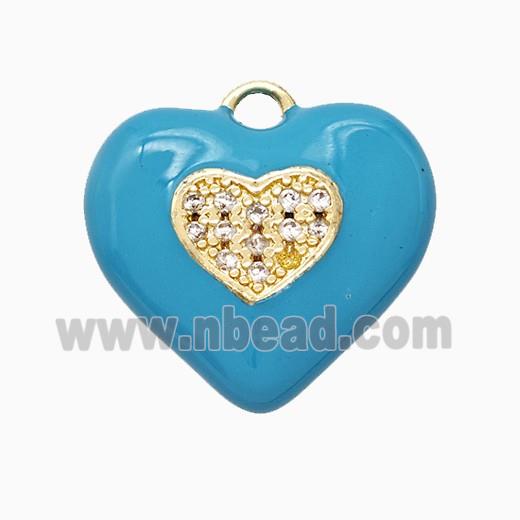 Copper Heart Pendant Pave Zirconia Blue Enamel Gold Plated