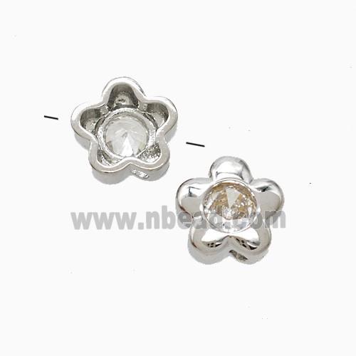 Copper Flower Beads Pave Zirconia Platinum Plated