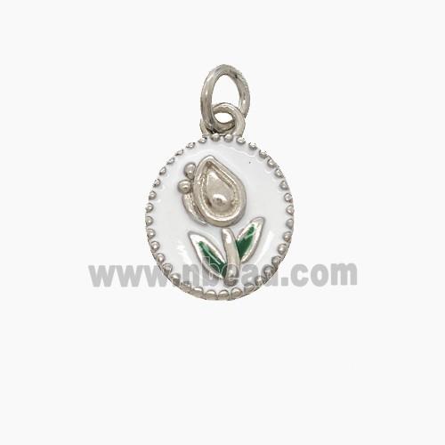 Copper Tulip Pendant White Enamel Flower Platinum Plated