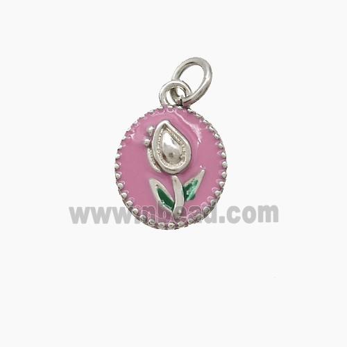 Copper Tulip Pendant Pink Enamel Flower Platinum Plated