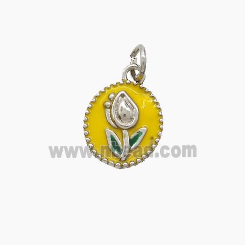 Copper Tulip Pendant Yellow Enamel Flower Platinum Plated