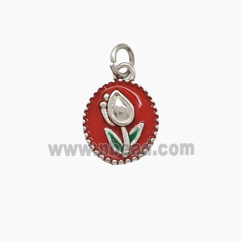 Copper Tulip Pendant Red Enamel Flower Platinum Plated