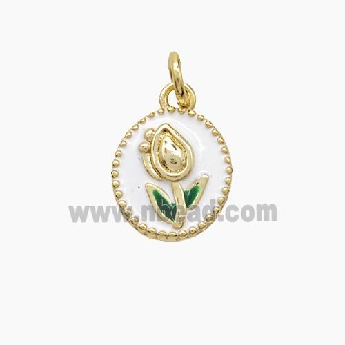 Copper Tulip Pendant White Enamel Flower Gold Plated