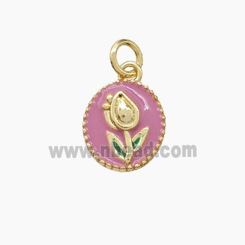 Copper Tulip Pendant Pink Enamel Flower Gold Plated