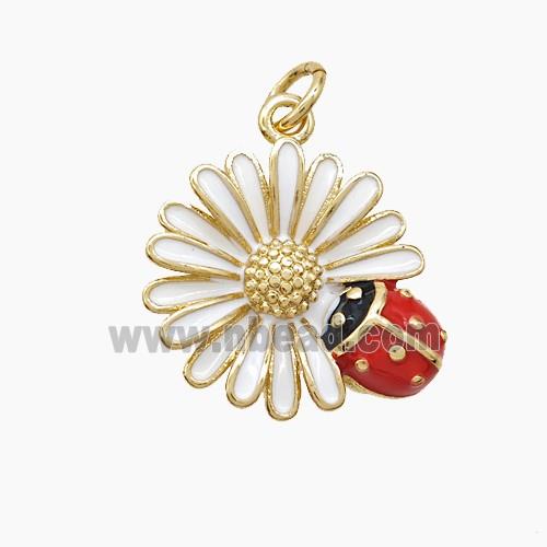 Copper Sunflower Pendant White Enamel Ladybug Gold Plated