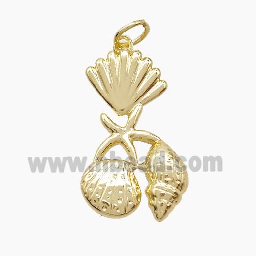 Copper Starfish Scallop Shell Pendant Pave Zirconia Gold Plated