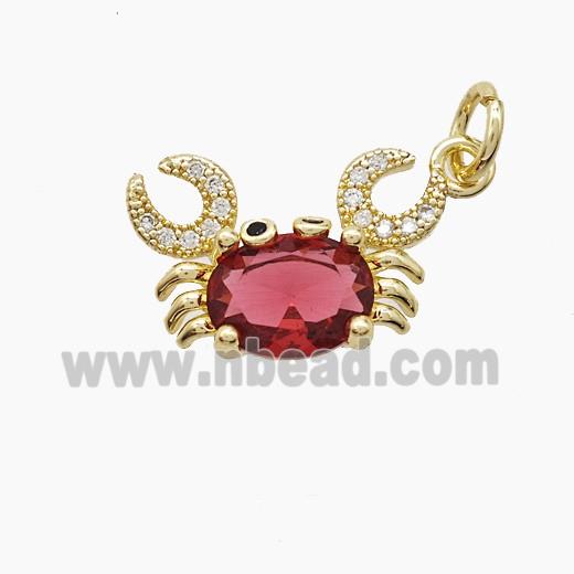 Copper Crab Pendant Pave Zirconia Red Crystal Glass Gold Plated