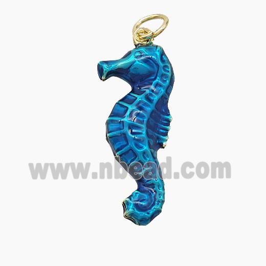 Copper Seahorse Pendant Blue Painted Gold Plated