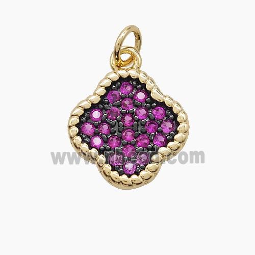 Copper Clover Pendant Micropave Fuchsia Zirconia Gold Plated