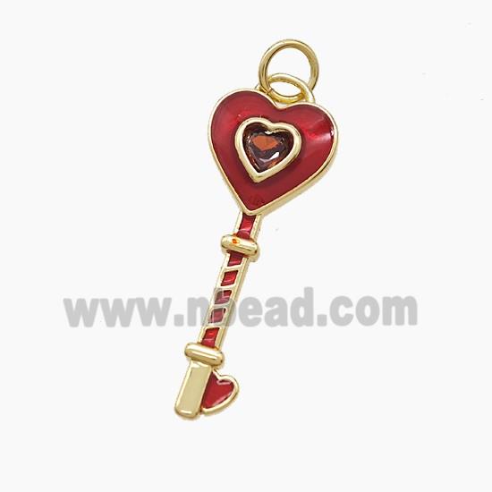 Copper Key Pendant Pave Zirconia Red Enamel Heart Gold Plated