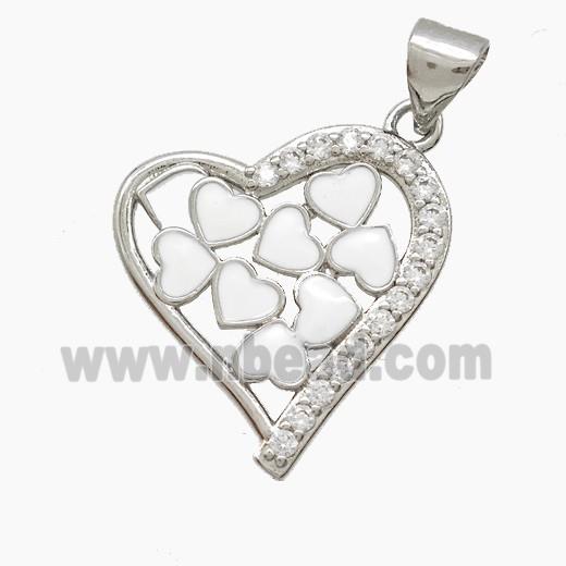 Copper Heart Pendant Pave Zirconia White Enamel Platinum Plated