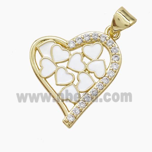 Copper Heart Pendant Pave Zirconia White Enamel Gold Plated
