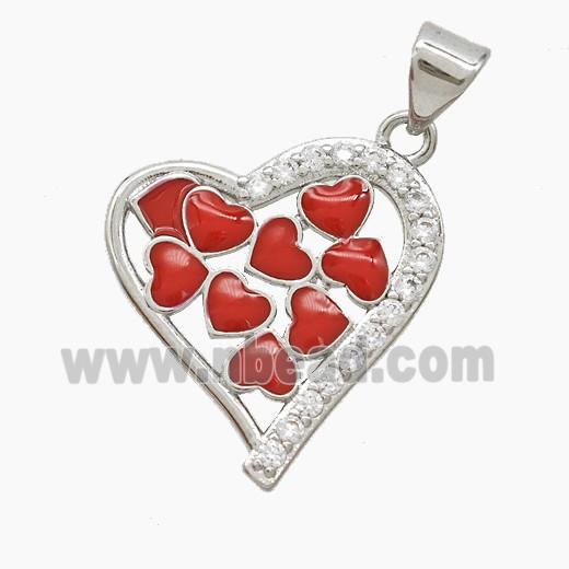 Copper Heart Pendant Pave Zirconia Red Enamel Platinum Plated