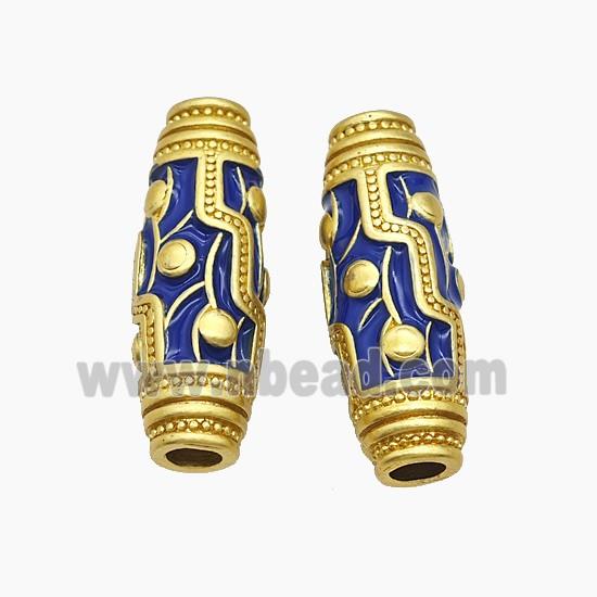 Copper Rice Beads Blue Enamel Large Hole Gold Plated