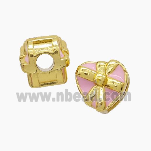 Copper Heart Beads Pink Enamel Large Hole Gold Plated