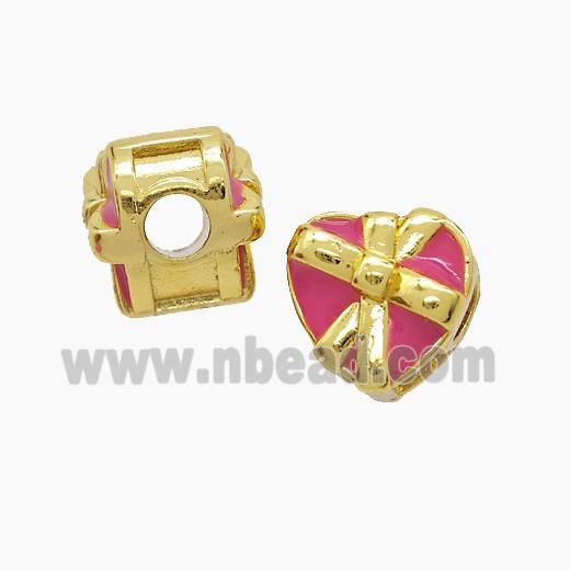 Copper Heart Beads DeepPink Enamel Large Hole Gold Plated