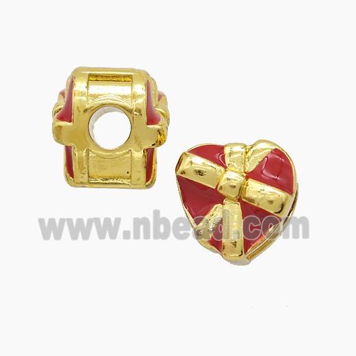 Copper Heart Beads Red Enamel Large Hole Gold Plated