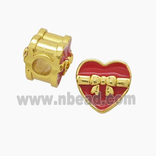 Copper Heart Beads Red Enamel Large Hole Gold Plated
