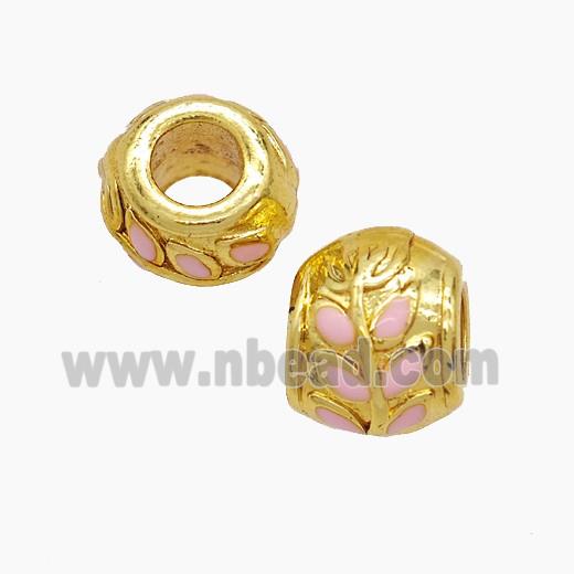 Copper Barrel Beads Pink Enamel Leaf Large Hole Gold Plated