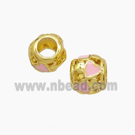 Copper Barrel Beads Pink Enamel Heart Large Hole Gold Plated