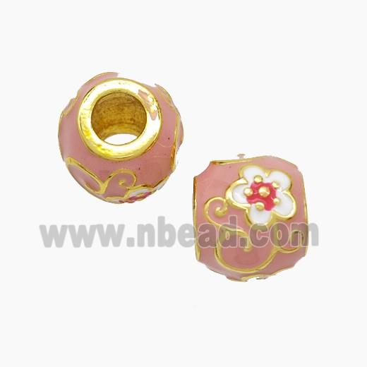 Copper Barrel Beads Pink Enamel Flower Large Hole Gold Plated