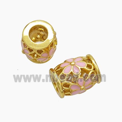 Copper Barrel Beads Pink Enamel Flower Large Hole Hollow Gold Plated