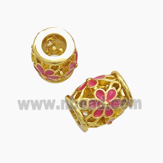 Copper Barrel Beads Red Enamel Flower Large Hole Gold Plated