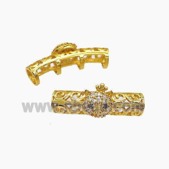 Copper Tube Beads Pave Zirconia Pig Curving Large Hole Gold Plated